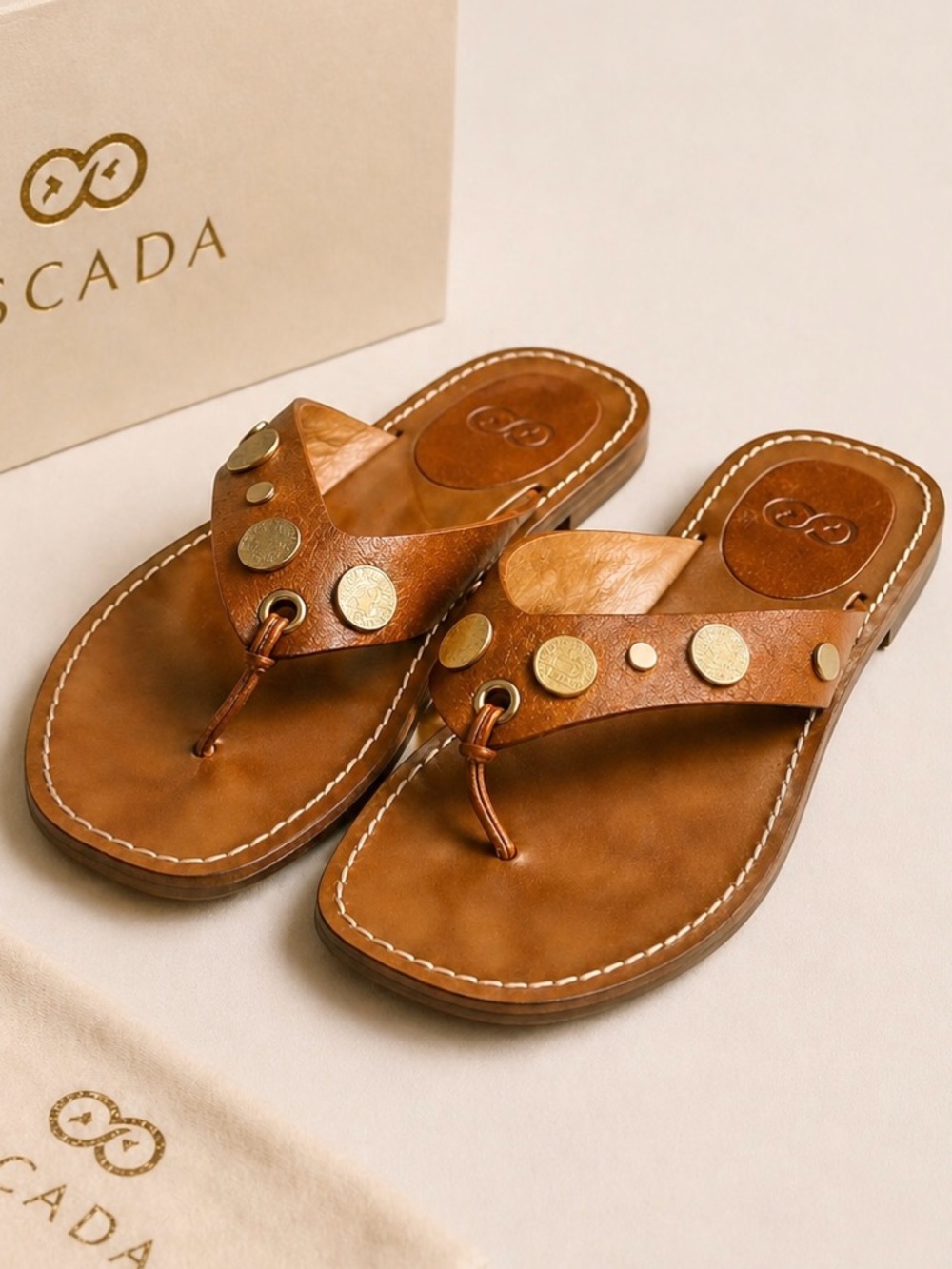 Escada Leather Sandals Brown Studded Thong Sandals Made in Italy Size 37 Vintage